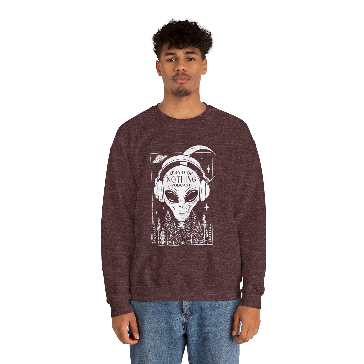 Alien Podcast Listener Sweatshirt with Bigfoot in Forest Design