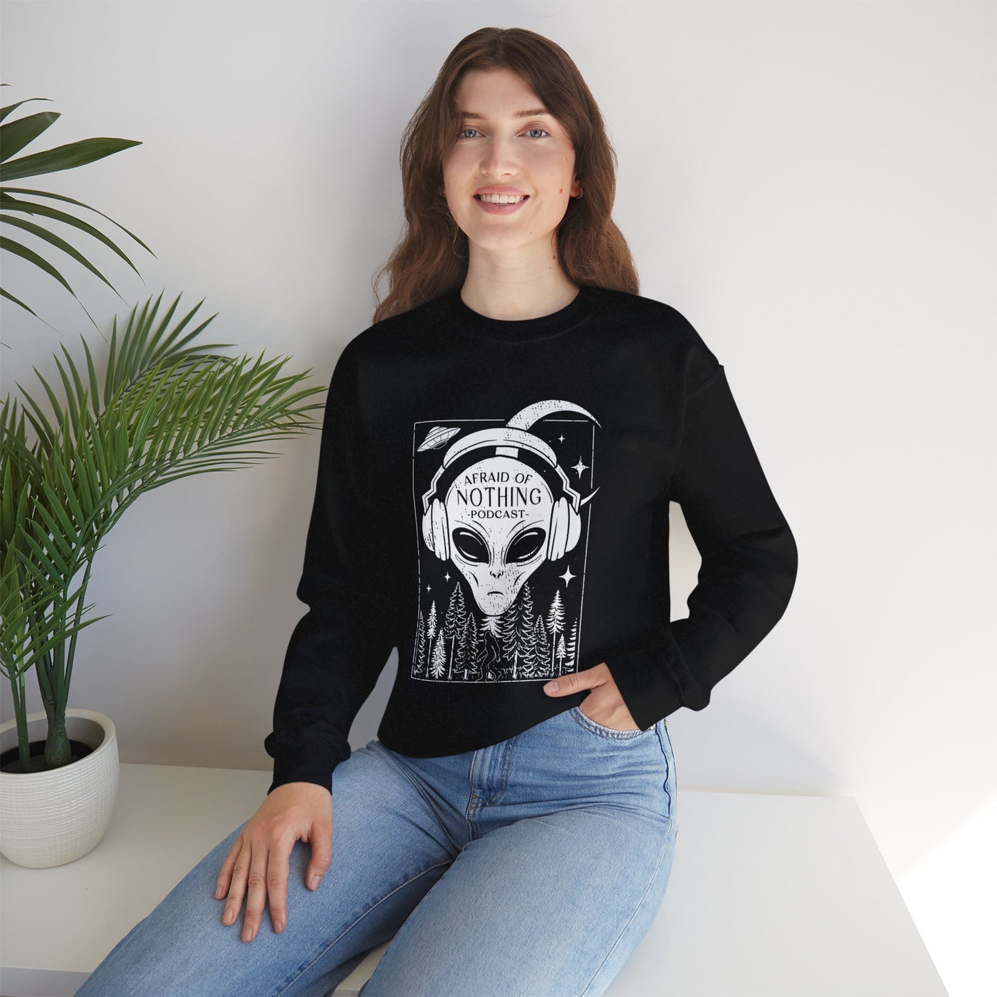 Alien Podcast Listener Sweatshirt with Bigfoot in Forest Design