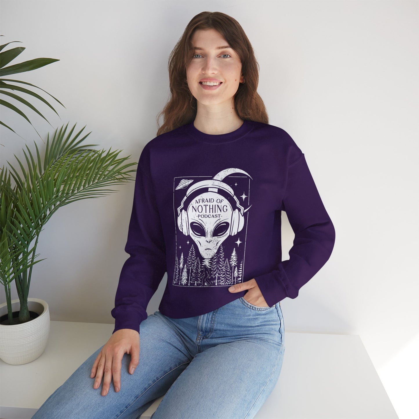 Alien Podcast Listener Sweatshirt with Bigfoot in Forest Design