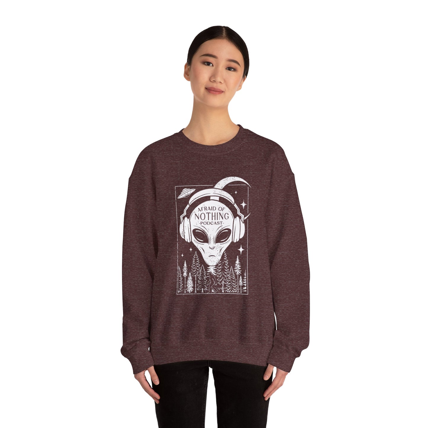 Alien Podcast Listener Sweatshirt with Bigfoot in Forest Design