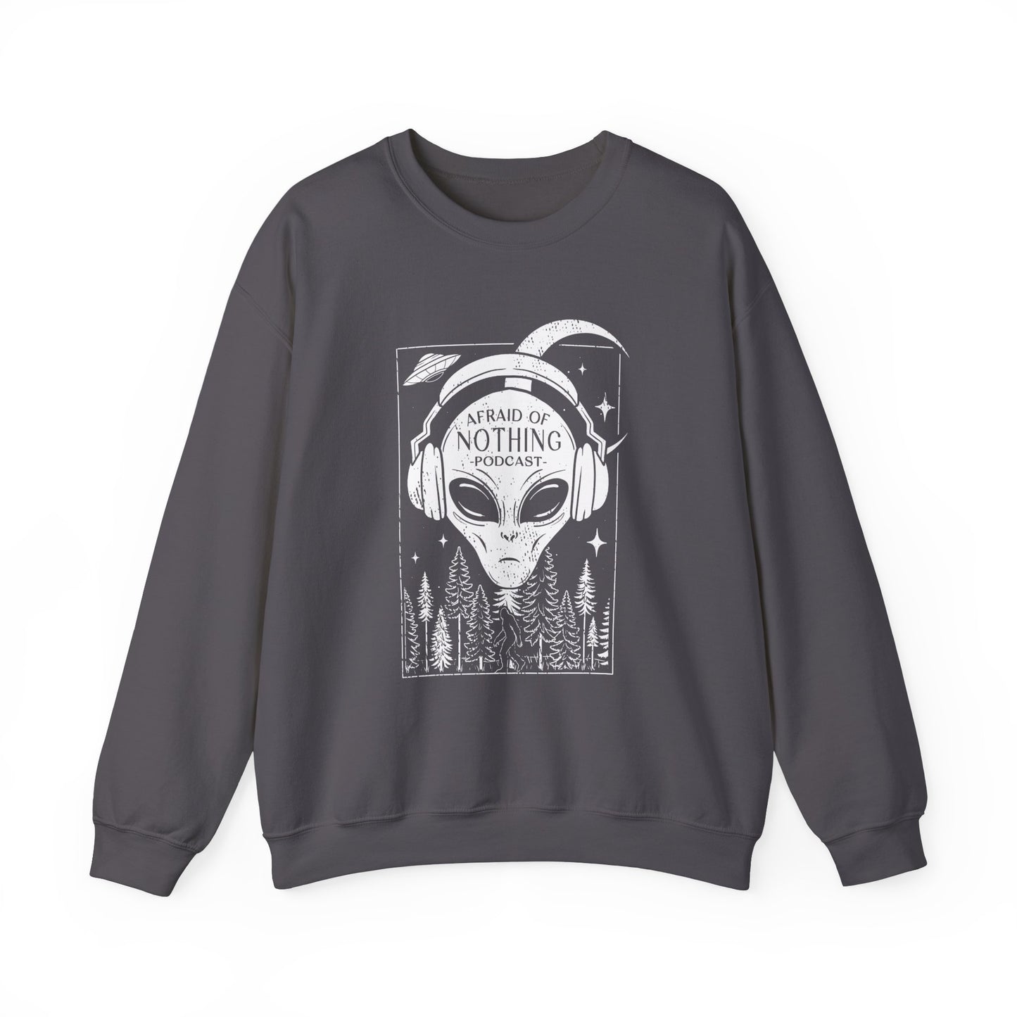 Alien Podcast Listener Sweatshirt with Bigfoot in Forest Design