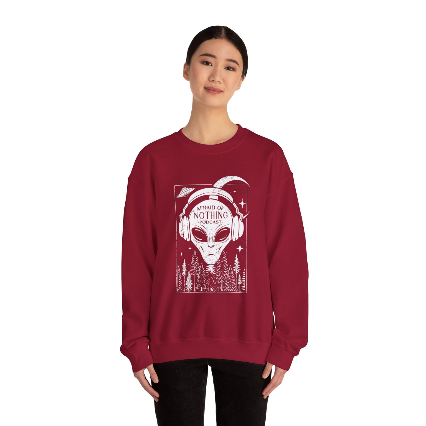 Alien Podcast Listener Sweatshirt with Bigfoot in Forest Design