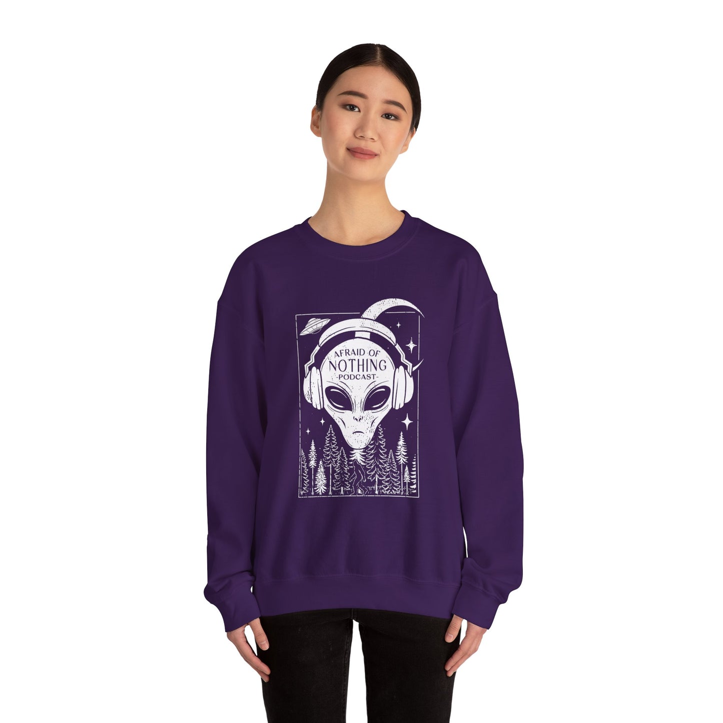 Alien Podcast Listener Sweatshirt with Bigfoot in Forest Design