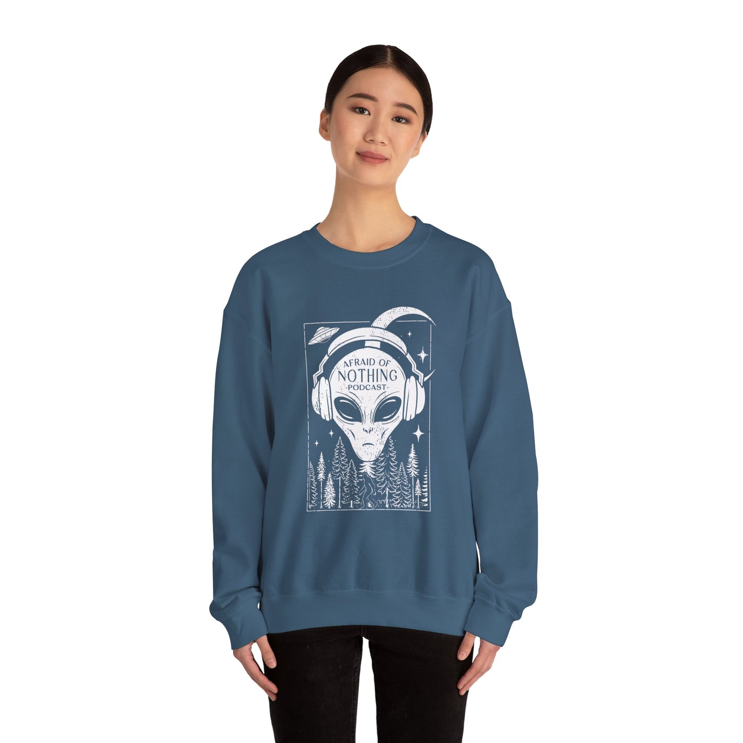 Alien Podcast Listener Sweatshirt with Bigfoot in Forest Design