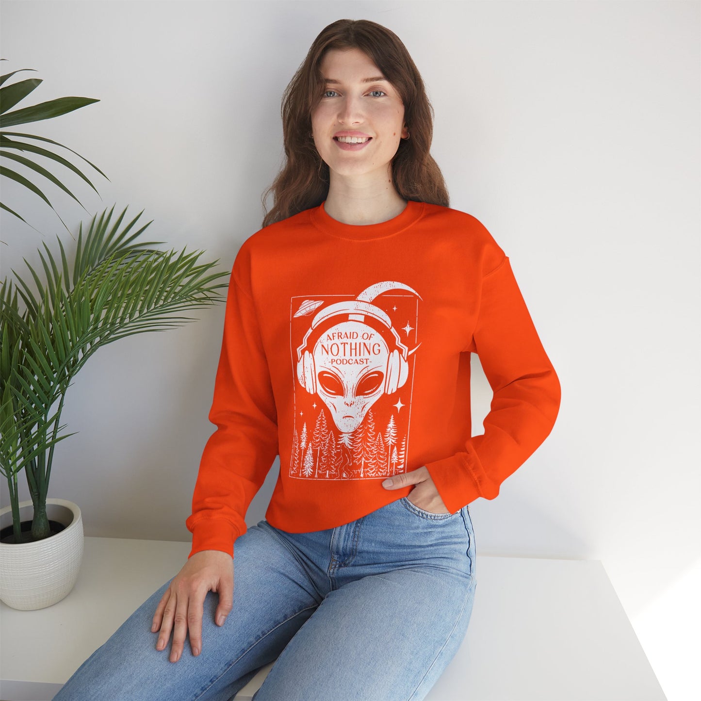 Alien Podcast Listener Sweatshirt with Bigfoot in Forest Design