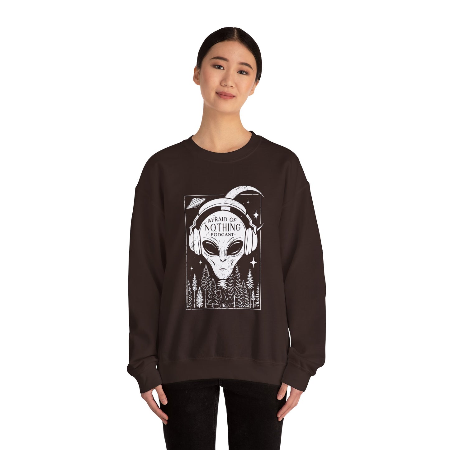 Alien Podcast Listener Sweatshirt with Bigfoot in Forest Design