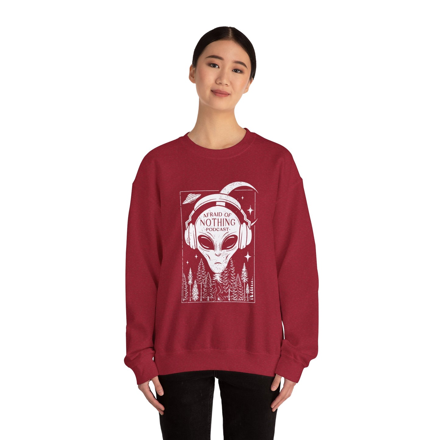 Alien Podcast Listener Sweatshirt with Bigfoot in Forest Design