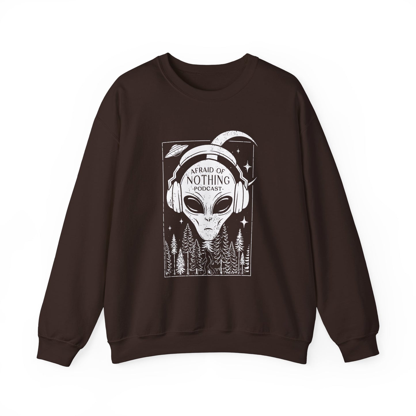 Alien Podcast Listener Sweatshirt with Bigfoot in Forest Design