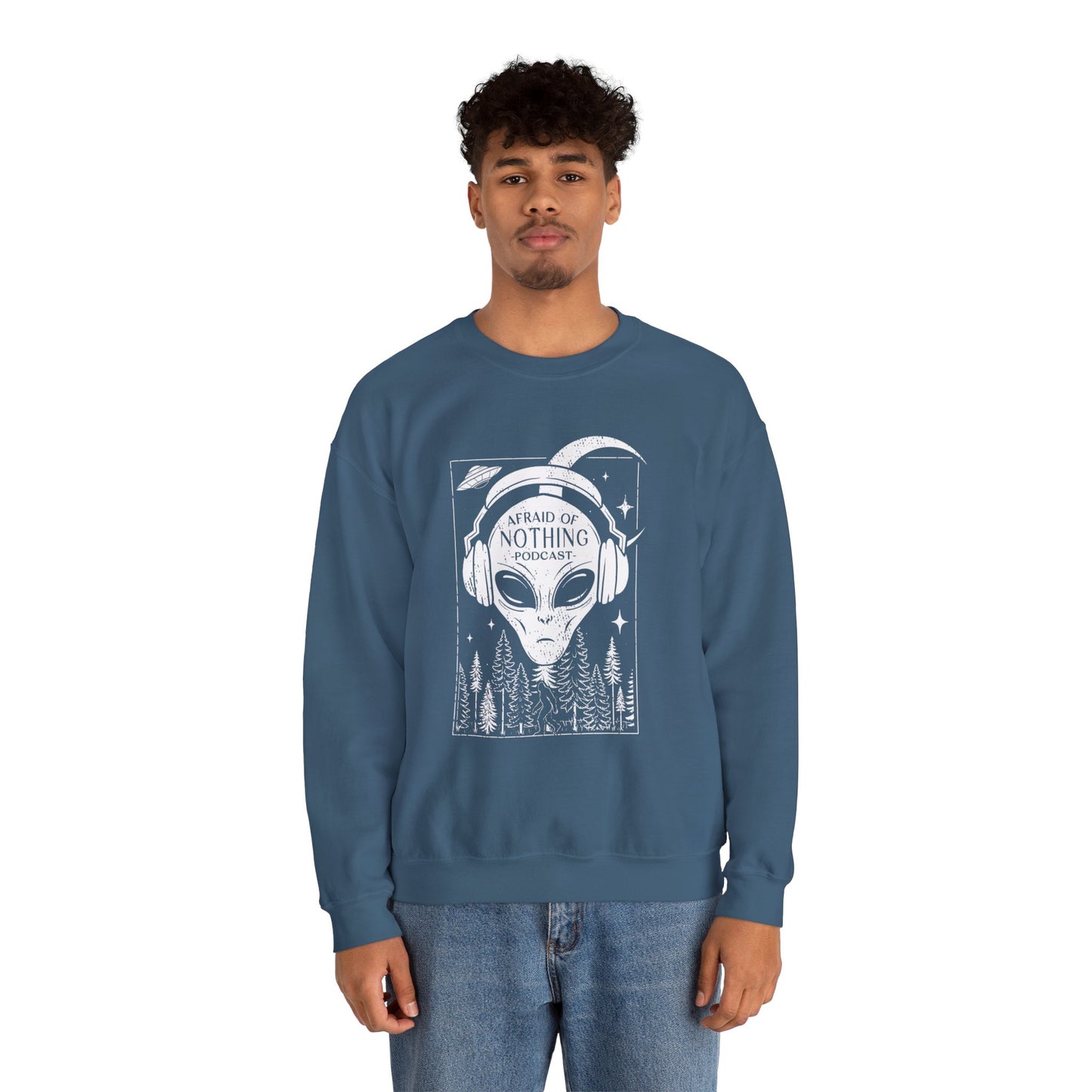 Alien Podcast Listener Sweatshirt with Bigfoot in Forest Design