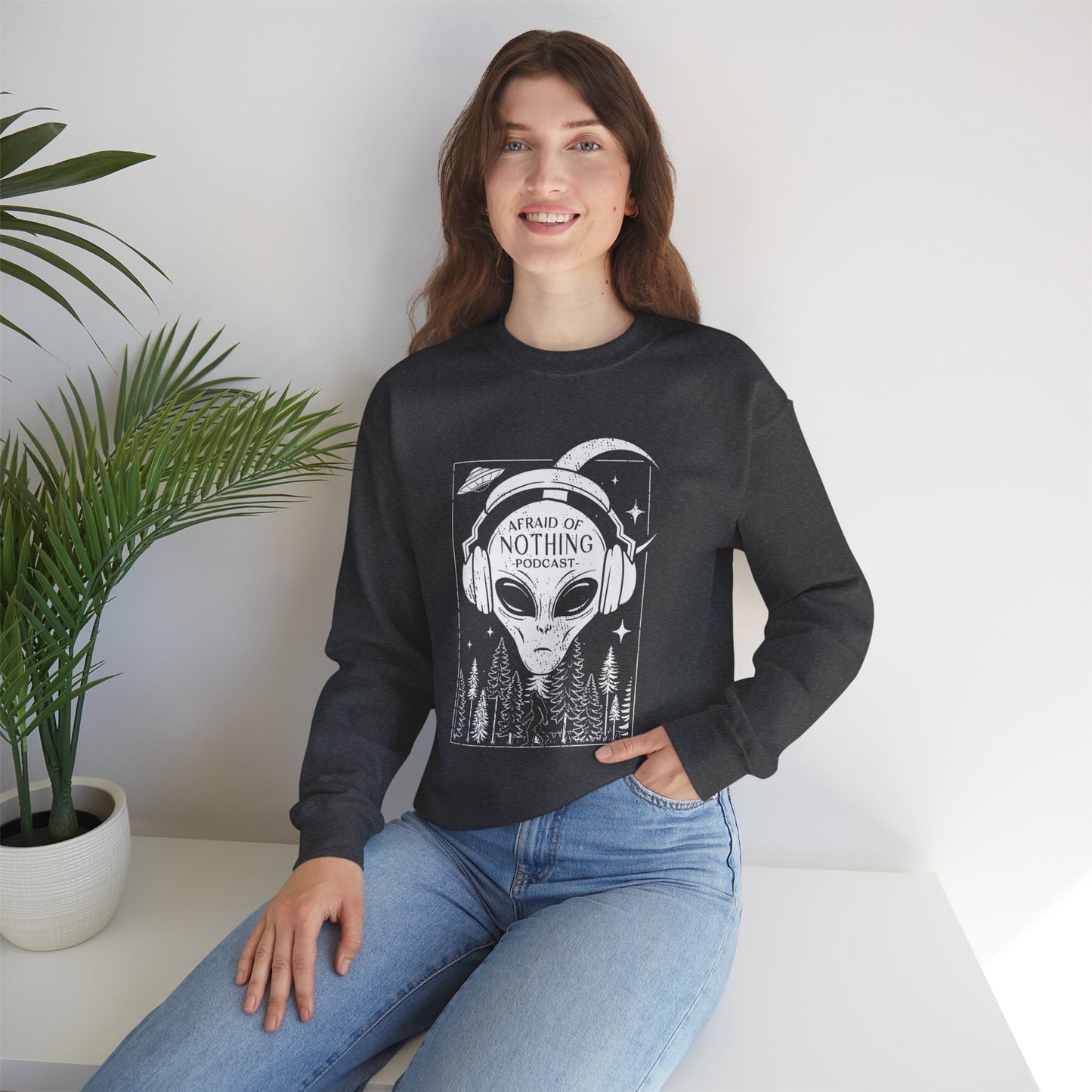 Alien Podcast Listener Sweatshirt with Bigfoot in Forest Design