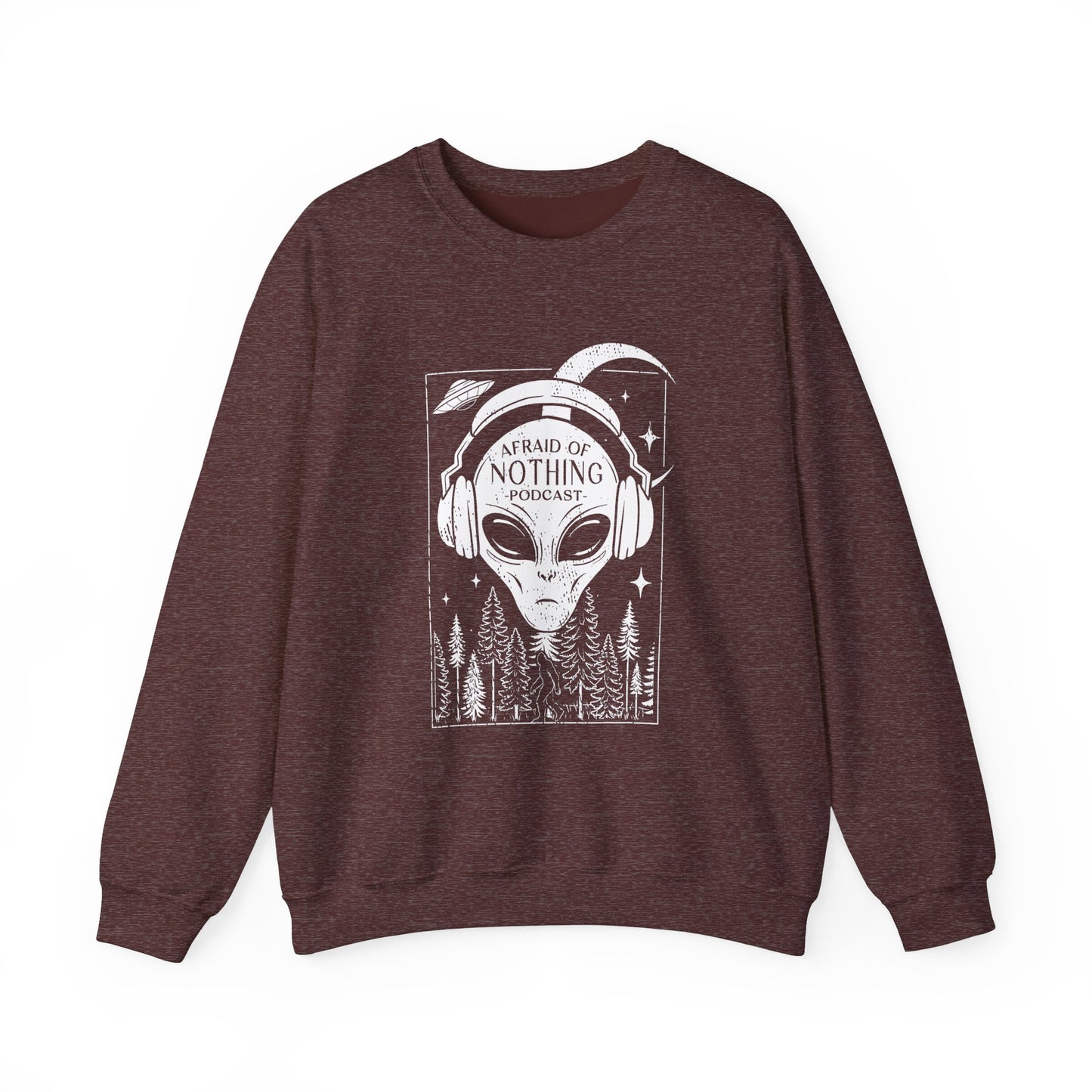 Alien Podcast Listener Sweatshirt with Bigfoot in Forest Design